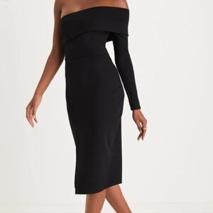 Lulu's Elegant Black Off-the-Shoulder Bodycon Midi Dress Size XS